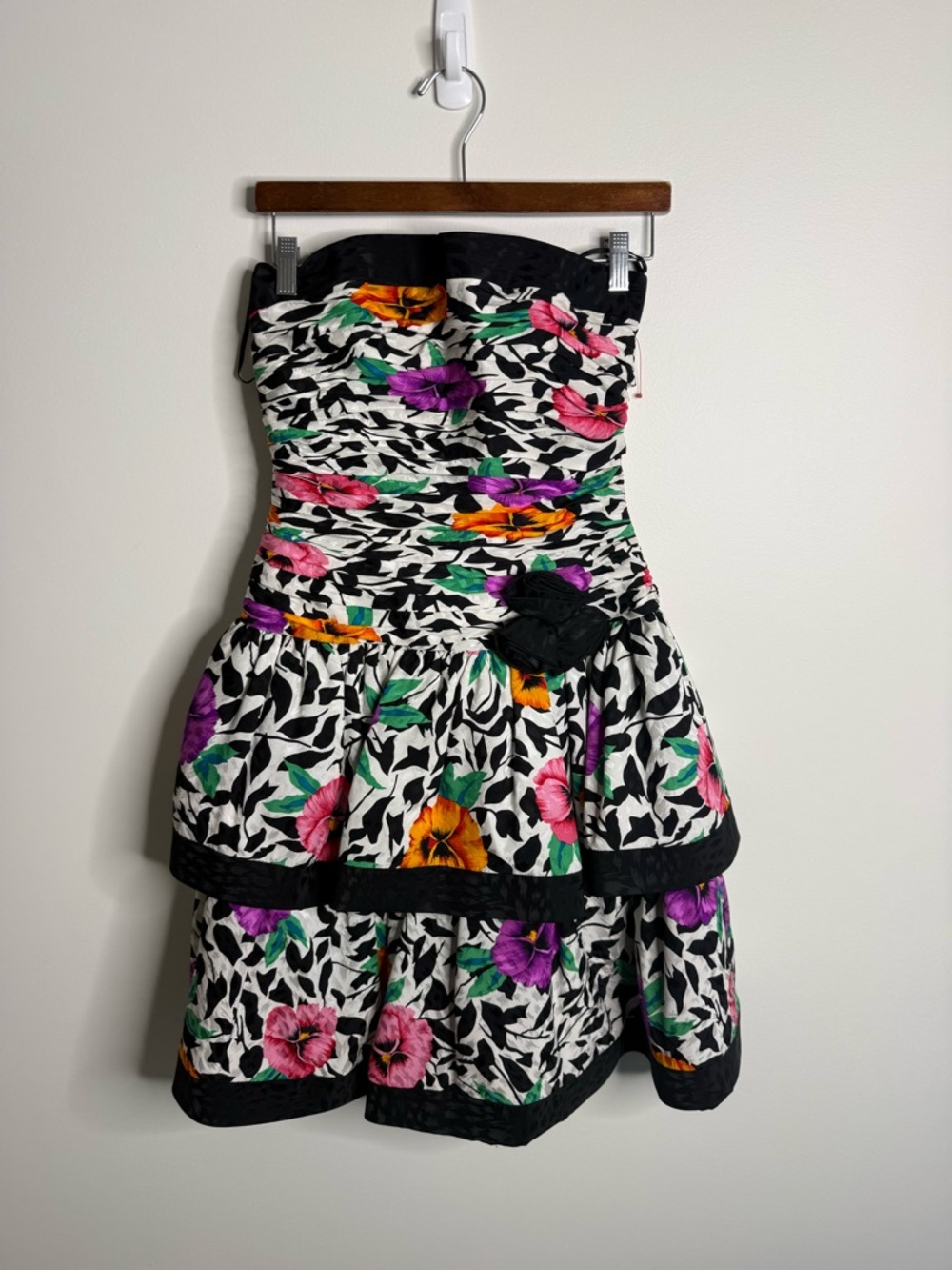 Vintage A J Bari Floral corset dress white black strapless silk size 10